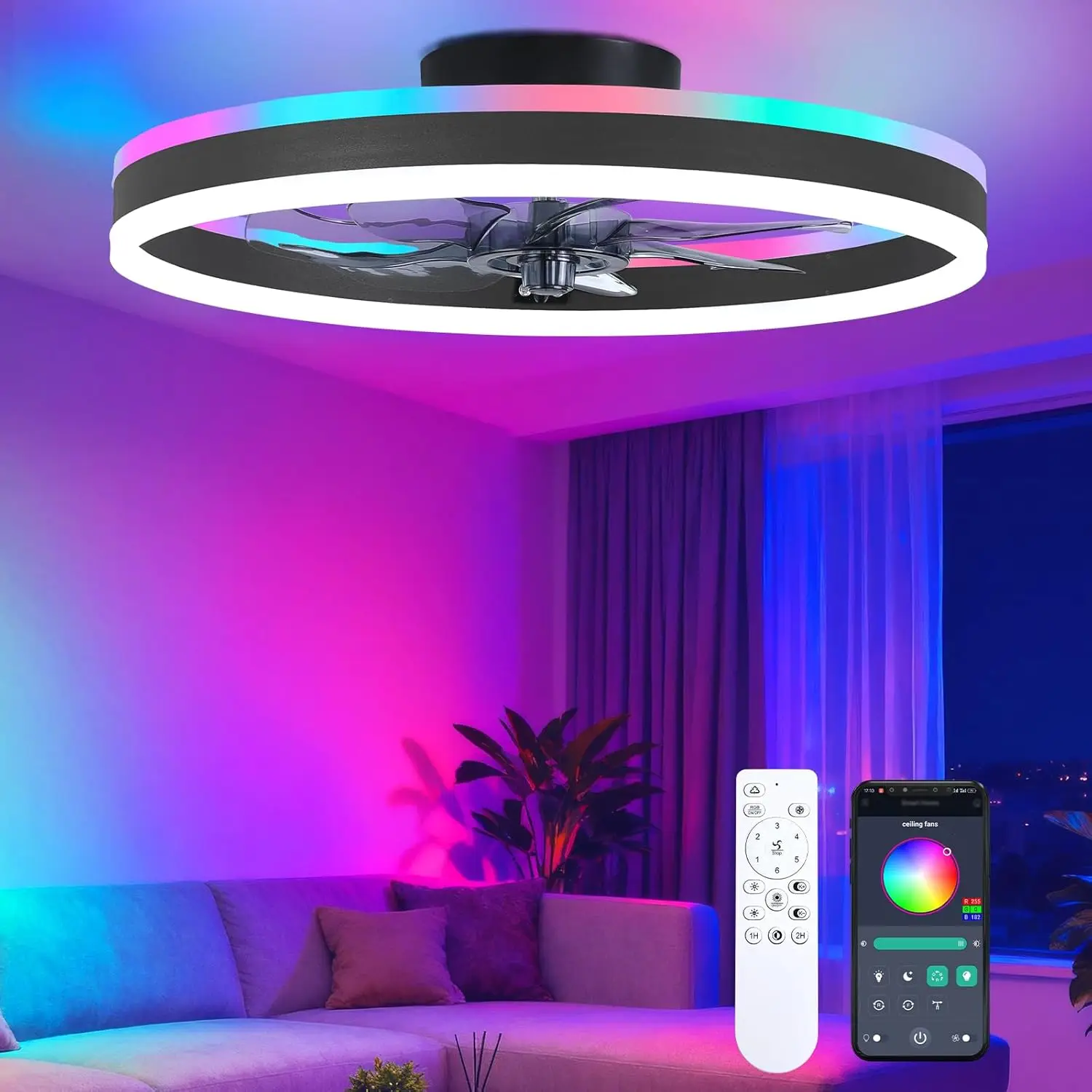 20" RGB Ceiling Fan with Light, Low Profile Flush Mount, Remote/APP Control, Black
20" RGB Ceiling Fan with Light, Low Profile Flush Mount, Remote/APP Control, Black