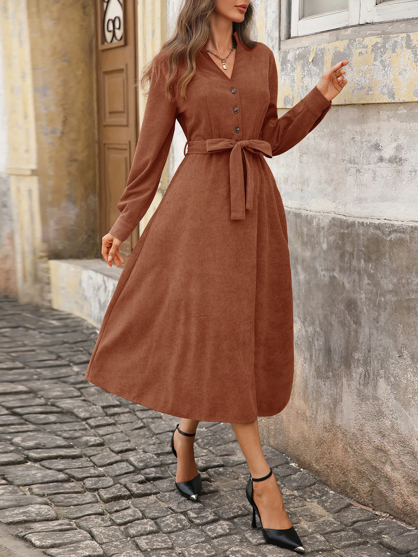 Autumn Women's Casual Dress V-Neck Knitted Long Sleeved Button Up High Waist Shirt Dress Commuting Daily A-Line Dress for Women
Autumn Women's Casual Dress V-Neck Knitted Long Sleeved Button Up High Waist Shirt Dress Commuting Daily A-Line Dress for Women