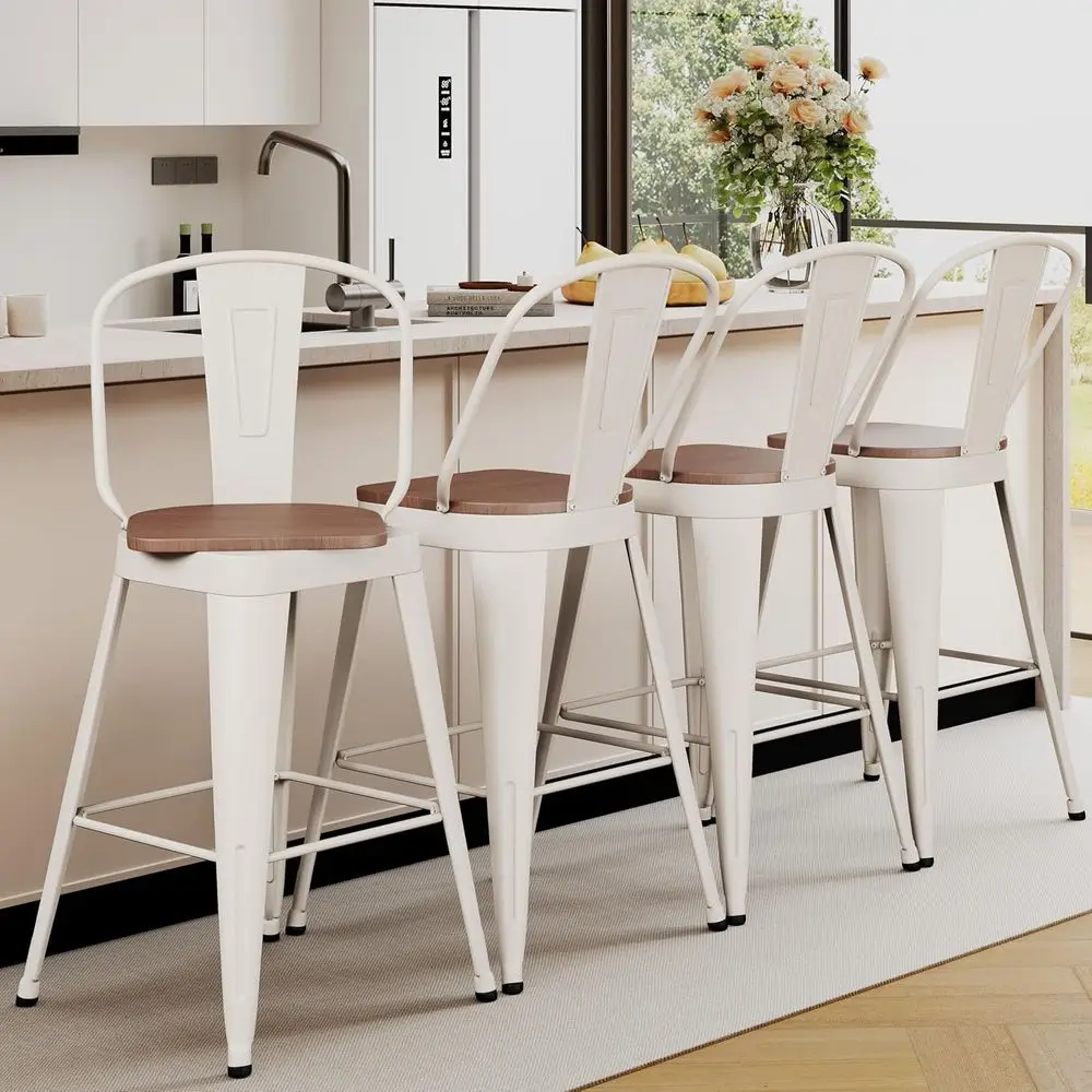 Set of 4 White High Back Swivel Metal Bar Stools with Large Wooden Seats for Counter Height Dining
Set of 4 White High Back Swivel Metal Bar Stools with Large Wooden Seats for Counter Height Dining