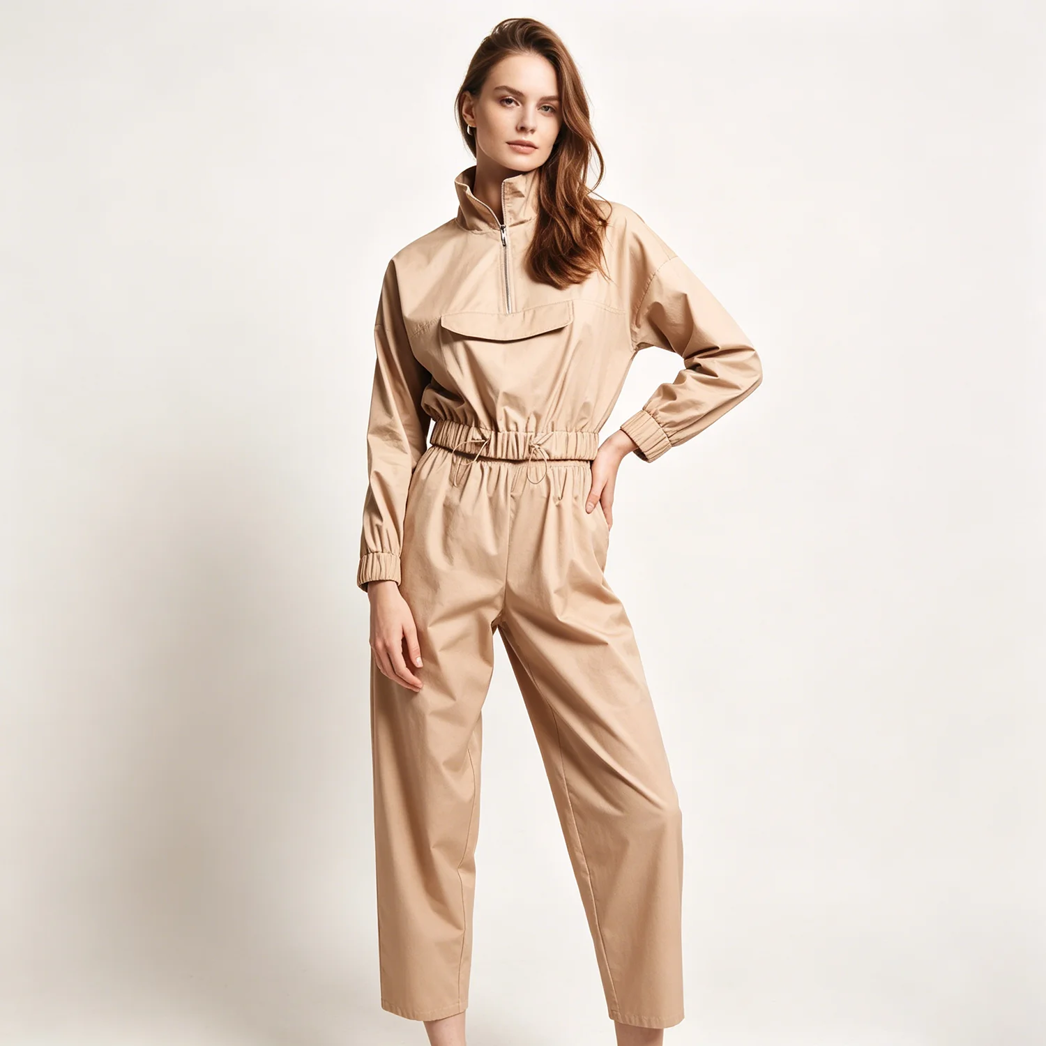 PUAL Khaki Half Zip Stand Collar Jumpsuit, Elastic Drawstring Waist, Loose Casual Windproof Daily One Piece Outfit
PUAL Khaki Half Zip Stand Collar Jumpsuit, Elastic Drawstring Waist, Loose Casual Windproof Daily One Piece Outfit