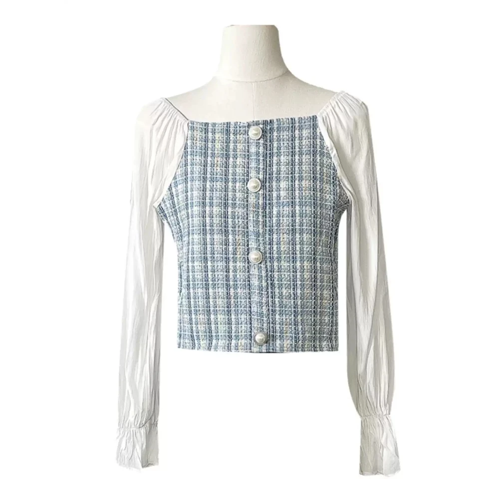 Women Temperament Blouse Elegant Patchwork Square Collar Flare Sleeve Shirt Spring Summer Short Office Lady Shirts
Women Temperament Blouse Elegant Patchwork Square Collar Flare Sleeve Shirt Spring Summer Short Office Lady Shirts