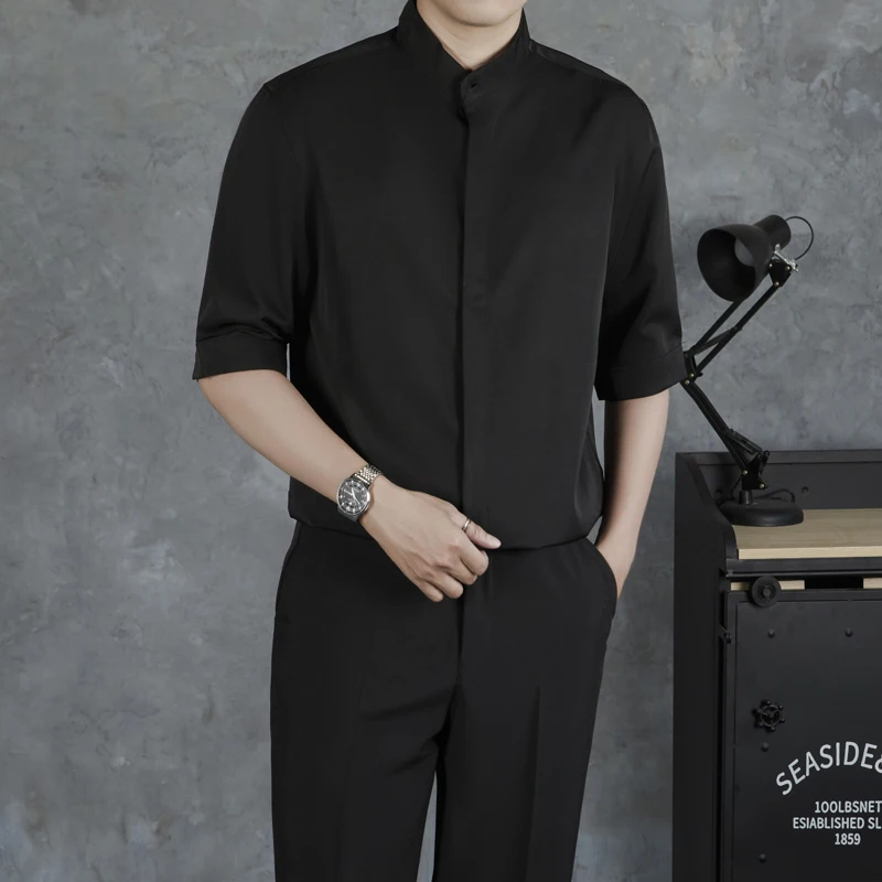 Summer Thin Men's Stand Collar Draped Shirt Casual Button-down Half Sleeve Shirts for Men Leisure Solid Color Luxury Clothing
Summer Thin Men's Stand Collar Draped Shirt Casual Button-down Half Sleeve Shirts for Men Leisure Solid Color Luxury Clothing