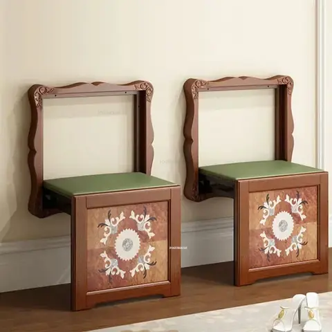 Wall-mounted Shower Seats Folding Bath Chair American Retro Shoe Changing Stool Household Porch Solid Wood Carved Stool N