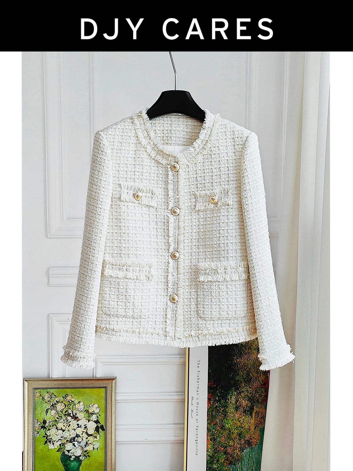 New Rough tweed simple white round neck jacket fashionable versatile big size
New Rough tweed simple white round neck jacket fashionable versatile big size