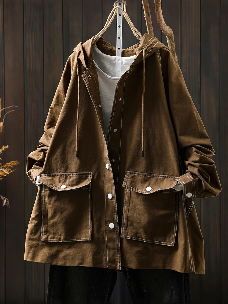Women Casual Hooded Coats New Arrival 2025 Autumn Simple Style Vintage Big Pockets Loose Female Long Sleeve Basics Jackets M1897 
Women Casual Hooded Coats New Arrival 2025 Autumn Simple Style Vintage Big Pockets Loose Female Long Sleeve Basics Jackets M1897