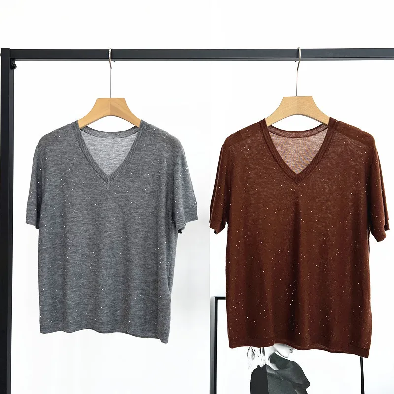 Summer New Arrival Women'S Sweater Pullover V-Neck Short-Sleeved Sequined Loose Water-Soluble Wool Thin Knitted Sweater T-Shirt
Summer New Arrival Women'S Sweater Pullover V-Neck Short-Sleeved Sequined Loose Water-Soluble Wool Thin Knitted Sweater T-Shirt