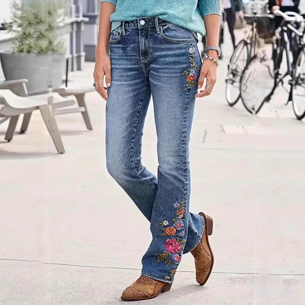 Jeans Women Boot Cut Flare Pants Stretch Mid Waist Embroidery Full Length Trousers Washed Distressed Denims Streetwear
Jeans Women Boot Cut Flare Pants Stretch Mid Waist Embroidery Full Length Trousers Washed Distressed Denims Streetwear