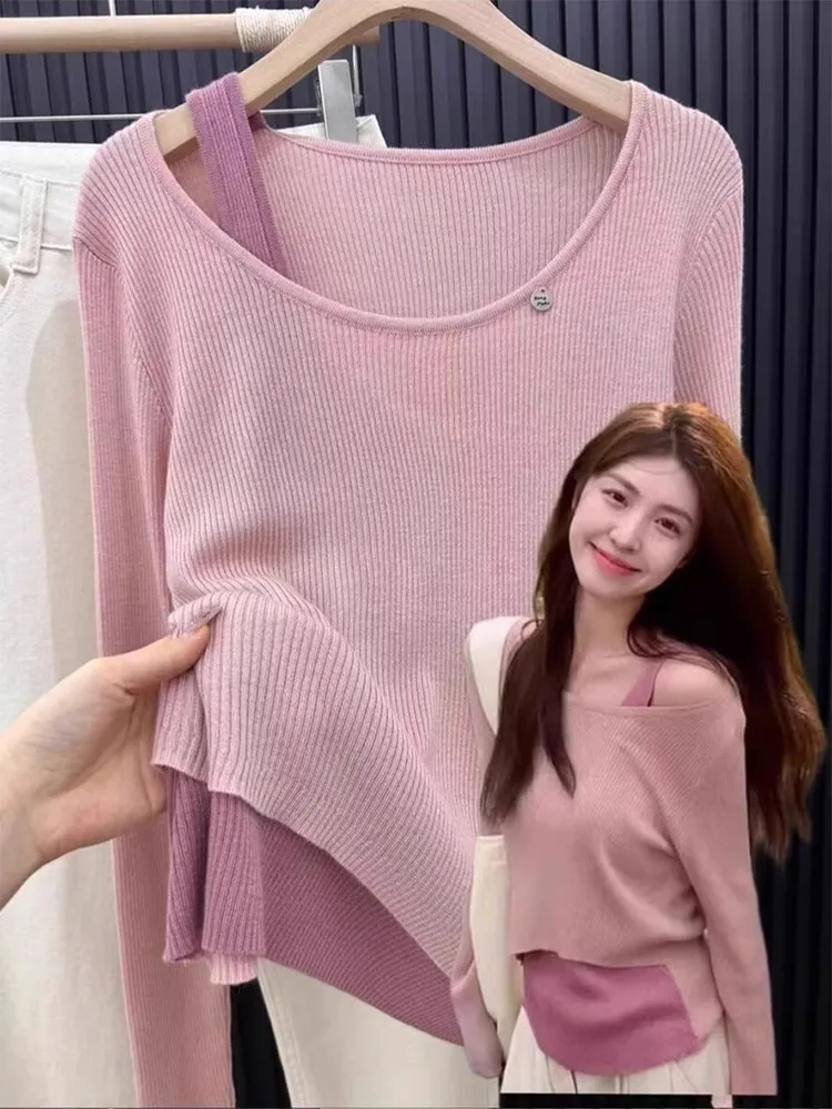 Pink Knitted Fake Two-Piece Women's Base Shirt Shoulder Bared High-End Feeling Unique Style Spring Casual Wear Long Sleeve
Pink Knitted Fake Two-Piece Women's Base Shirt Shoulder Bared High-End Feeling Unique Style Spring Casual Wear Long Sleeve