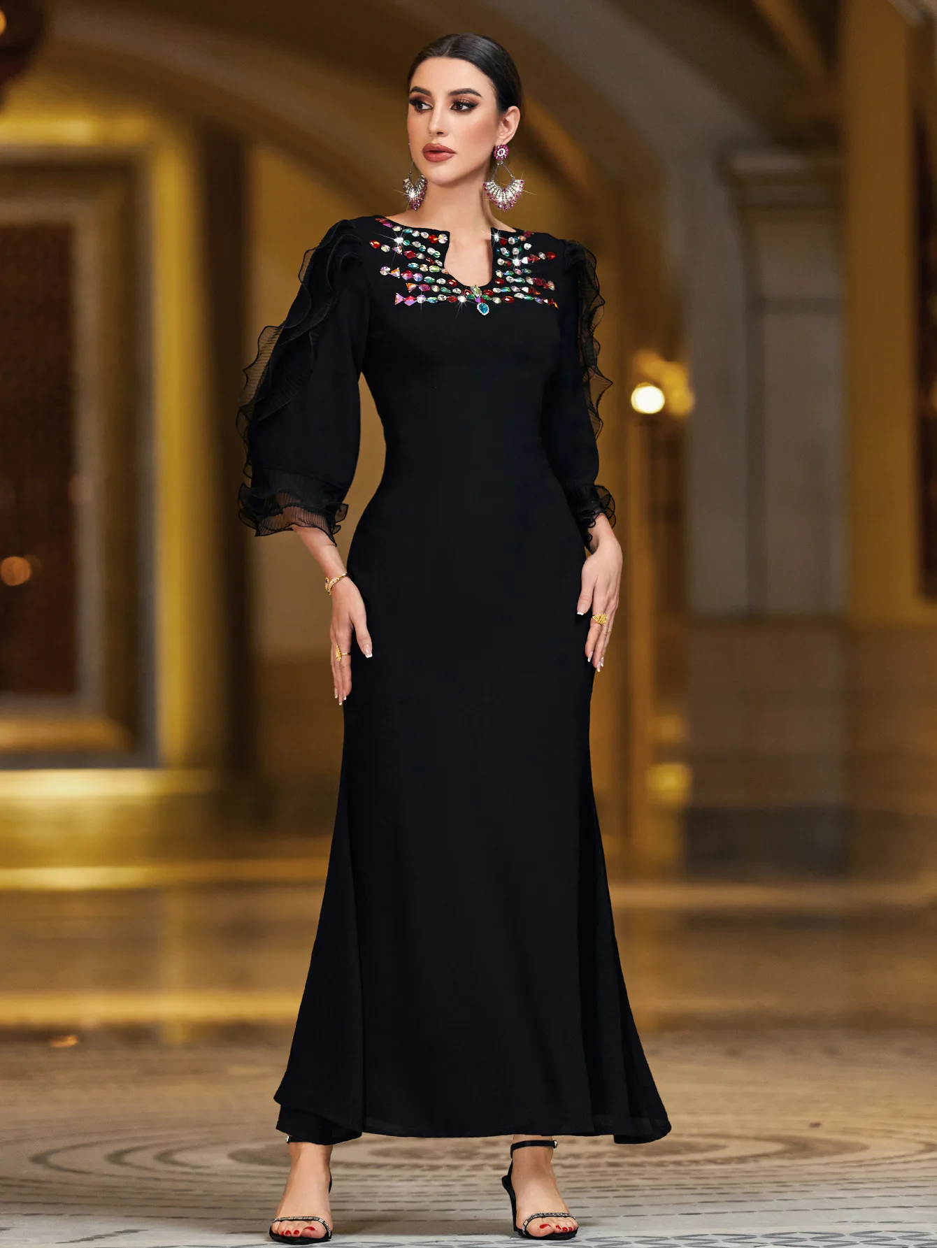 Fashion Black Evening Dress Handmade Rhinestone Neck Ruffle Sleeve Slim Mermaid Formal Gown Women Elegant Party Wedding Gown New
Fashion Black Evening Dress Handmade Rhinestone Neck Ruffle Sleeve Slim Mermaid Formal Gown Women Elegant Party Wedding Gown New