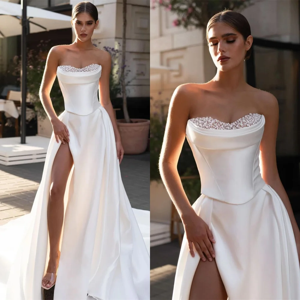 Customized Exquisite Sequined Satin Wedding Dresses 2025 High Quality Pure White Luxury Strapless Wedding Party Dresses
Customized Exquisite Sequined Satin Wedding Dresses 2025 High Quality Pure White Luxury Strapless Wedding Party Dresses