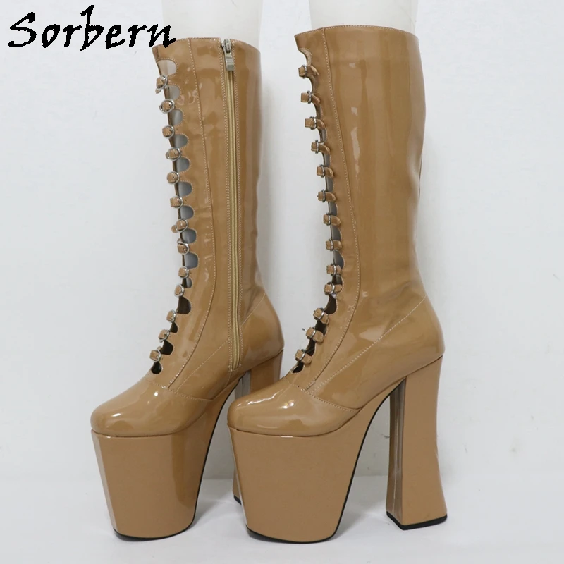 Sorbern Khaki Patent Knee High Boots Women Fetish Block High Heel 17Cm Chunky Heeled Gladiator Style Buckles Zip Up Custom
Sorbern Khaki Patent Knee High Boots Women Fetish Block High Heel 17Cm Chunky Heeled Gladiator Style Buckles Zip Up Custom