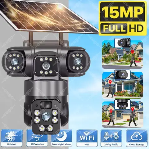 Caméra solaire WiFi trois lentilles extérieure 15MP 8K HD batterie faible puissance caméra IP PIR Vision nocturne V380 Pro Protection de sécurité CCTV