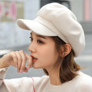 여성용 가을 겨울 모자, 단색 일반 팔각형 뉴스보이 모자, 캐주얼 울 모자, 겨울 베레모, 화가 모자