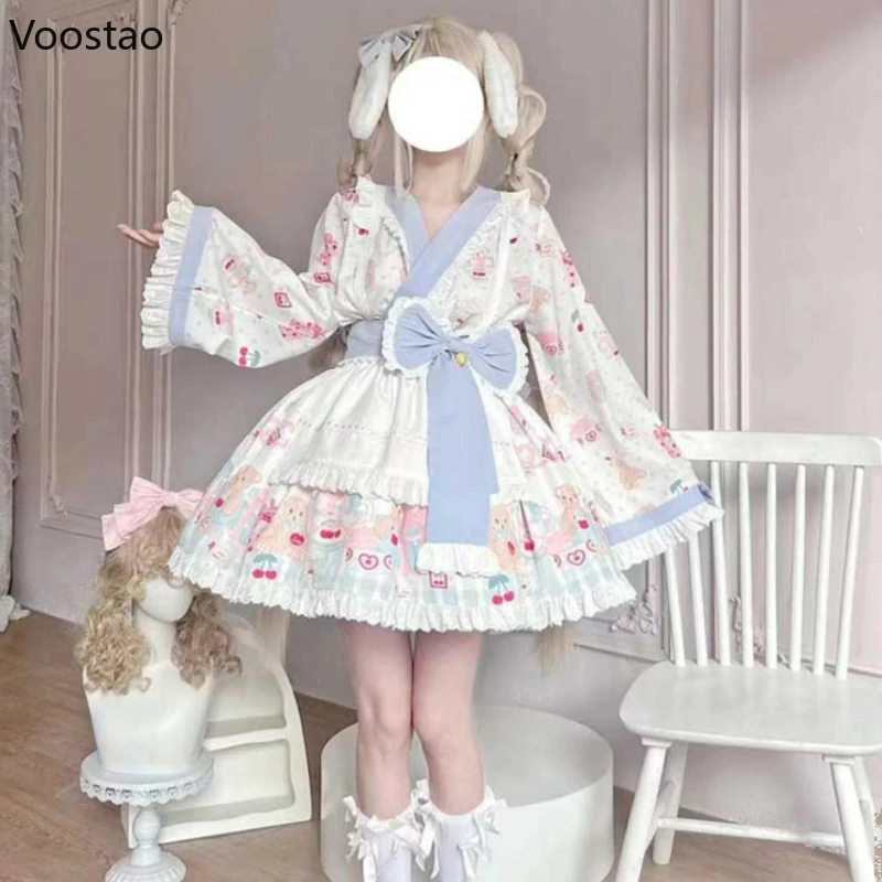 Japanese Kawaii Lolita Mini Dress Women Sweet Cute Cartoon Bear Print Bow Princess Party Dresses Kimono Cosplay Maid Dress Set
Japanese Kawaii Lolita Mini Dress Women Sweet Cute Cartoon Bear Print Bow Princess Party Dresses Kimono Cosplay Maid Dress Set