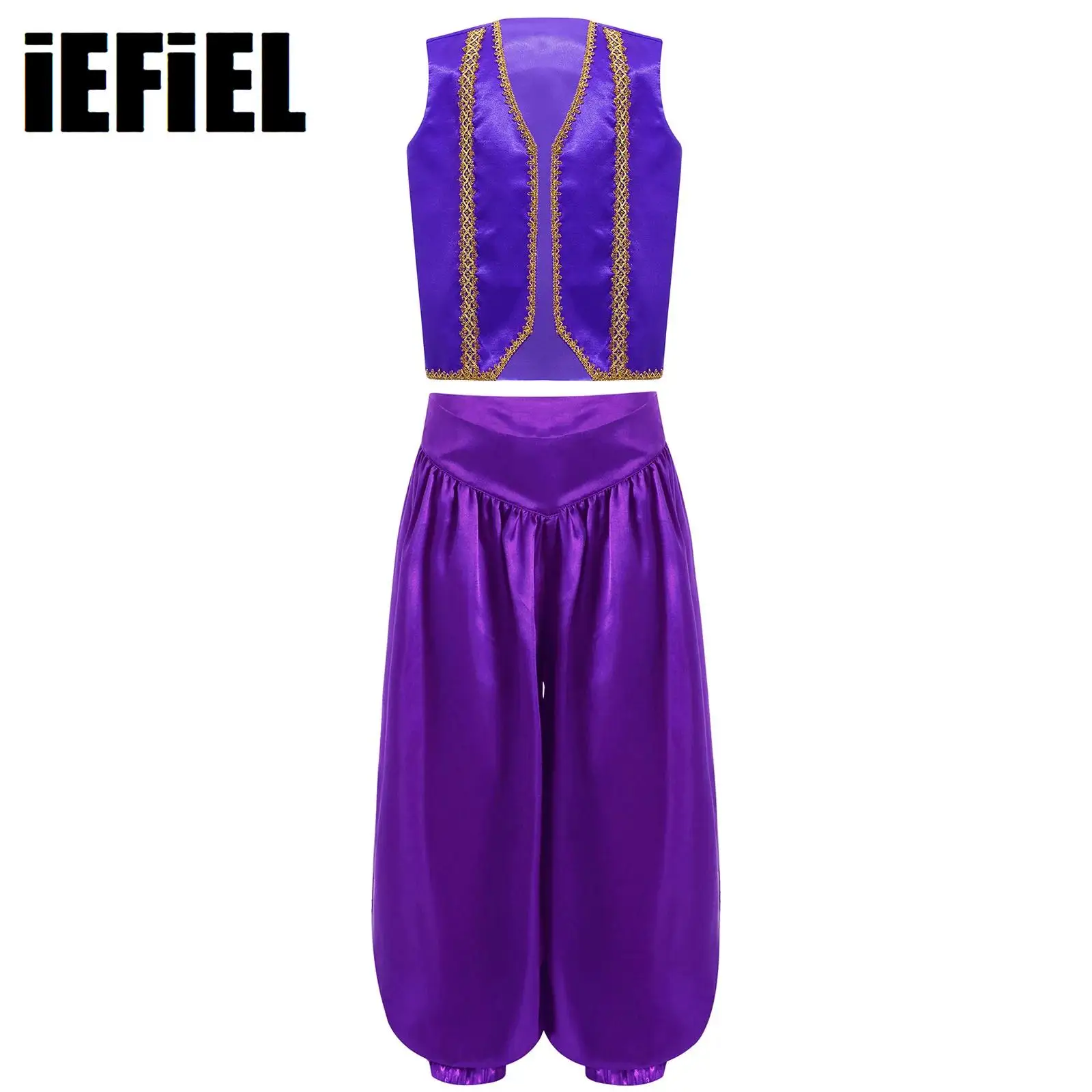 Kids Fairytale Character Cosplay Costume Gold Trim Vest with Wide-legs Bloomers Pants Set Belly Dance Halloween Dress Up Costume
Kids Fairytale Character Cosplay Costume Gold Trim Vest with Wide-legs Bloomers Pants Set Belly Dance Halloween Dress Up Costume