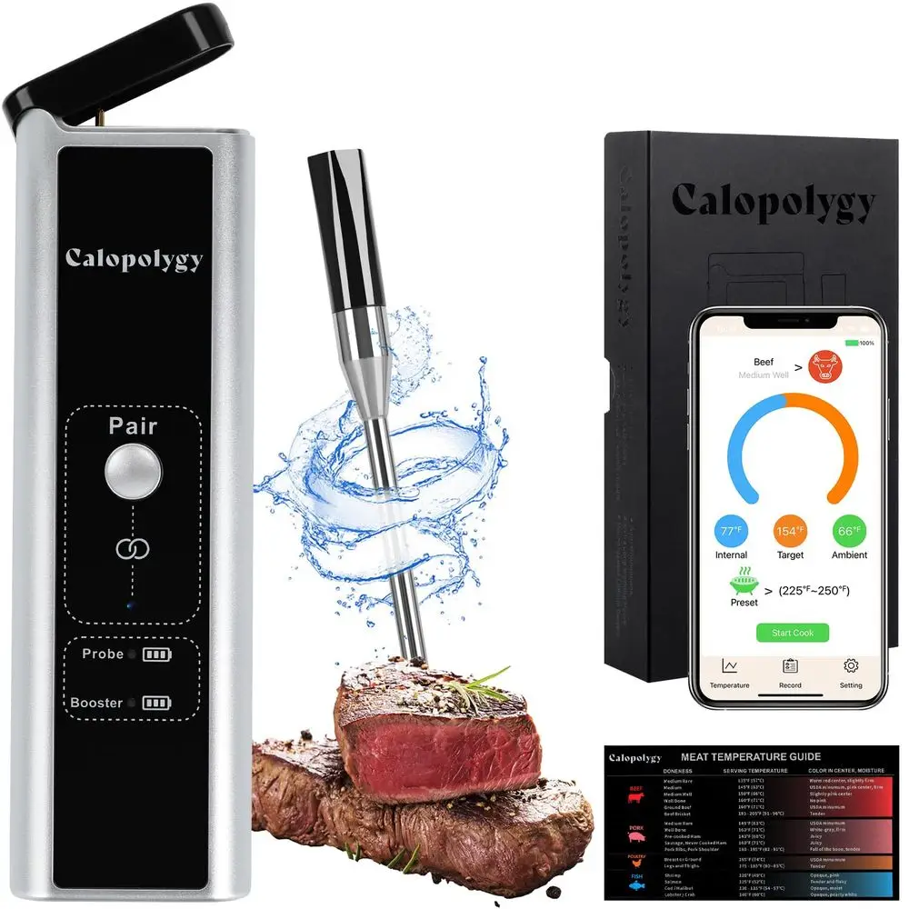 Bluetooth Meat Thermometer with IPX7 Waterproof Probe, Extended Range, Compatible with iOS & Android Apps
Bluetooth Meat Thermometer with IPX7 Waterproof Probe, Extended Range, Compatible with iOS & Android Apps