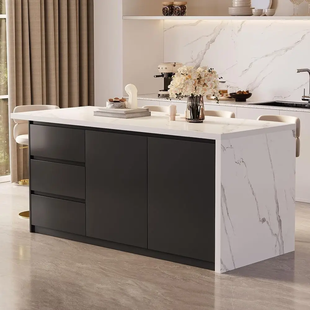 72-inch Marble-Top Kitchen Island with Storage and Wine Rack, Black & White Cabinetry
72-inch Marble-Top Kitchen Island with Storage and Wine Rack, Black & White Cabinetry