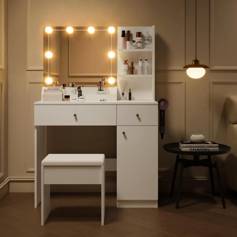 Vanity Desk with Mirror and Lights Dimmable LED Makeup Table with Drawers 2 Side Cabinet 3 Storage Shelves
Vanity Desk with Mirror and Lights Dimmable LED Makeup Table with Drawers 2 Side Cabinet 3 Storage Shelves