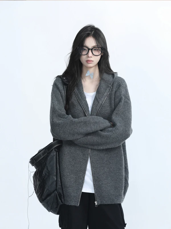 American Grey Hooded Knit Sweater Coat Women's Autumn Winter Loose Fit Soft Oversize Zipper Open Cardigan Korean Style
American Grey Hooded Knit Sweater Coat Women's Autumn Winter Loose Fit Soft Oversize Zipper Open Cardigan Korean Style