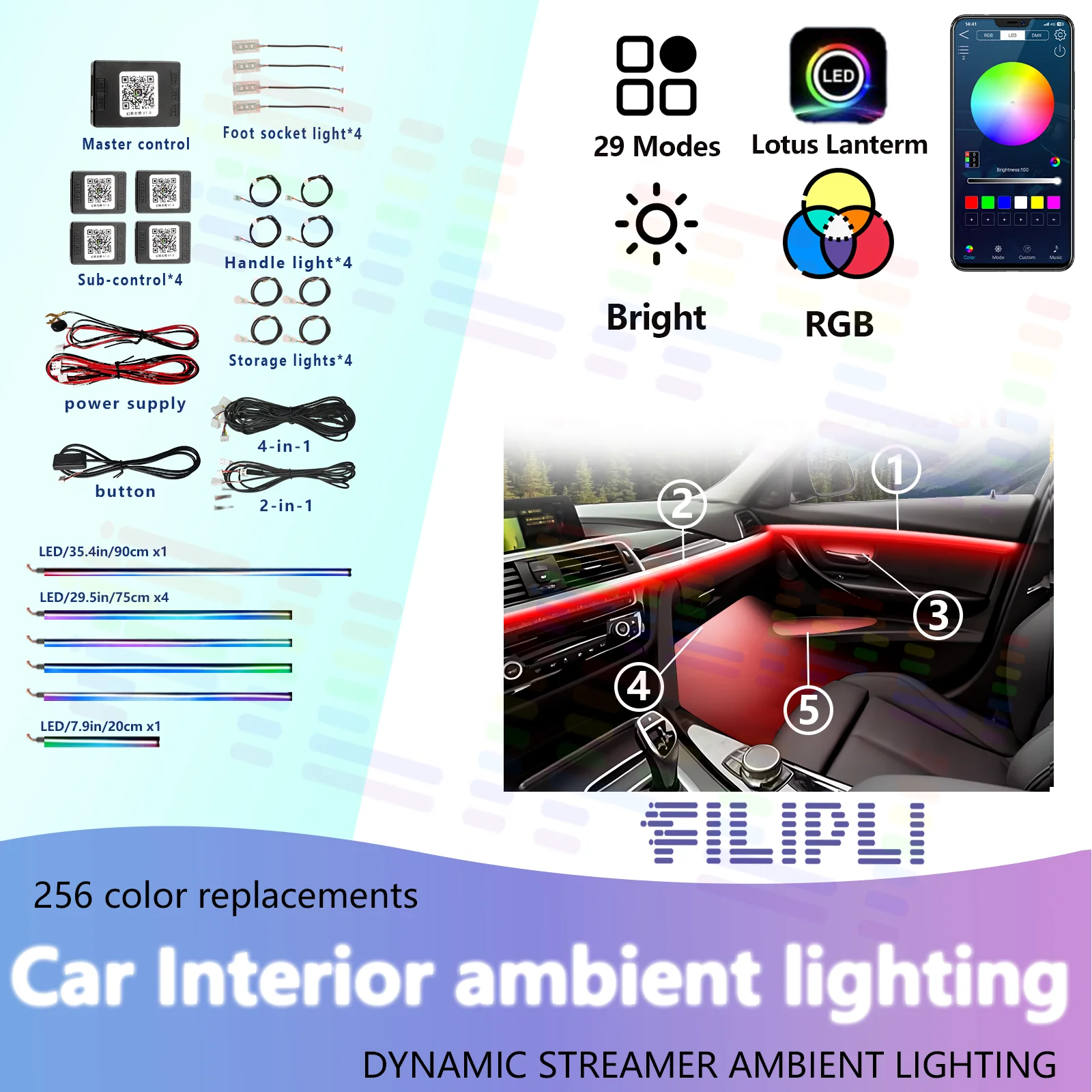 FILIPLI Easy Install Universal Car LED Ambient Light Kit - 16 Colors Multi-Color Interior Atmosphere Lamp
FILIPLI Easy Install Universal Car LED Ambient Light Kit - 16 Colors Multi-Color Interior Atmosphere Lamp