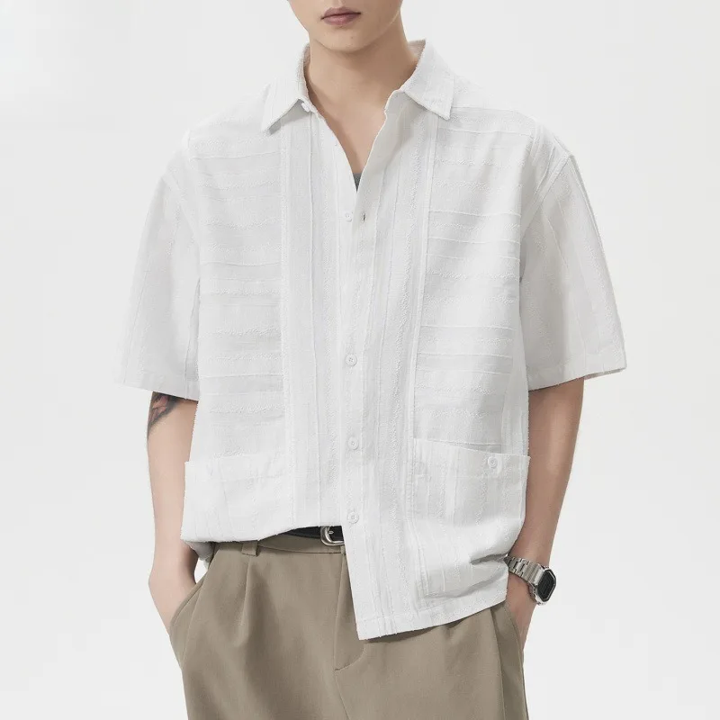Men Summer Streetwear Fashion Vintage Loose Casual Short Sleeve Cargo Shirt for Men Korean Pure Cotton Stripe Jacquard Shirt
Men Summer Streetwear Fashion Vintage Loose Casual Short Sleeve Cargo Shirt for Men Korean Pure Cotton Stripe Jacquard Shirt