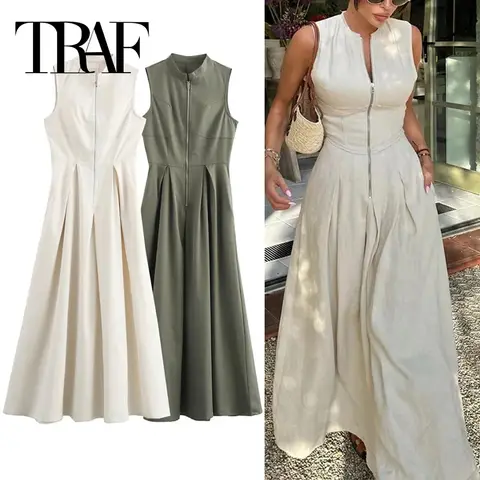TRAF – robe longue plissée sans manches, fermeture éclair, moulante, robes de soirée élégantes pour femmes, nouvelle collection été 2024