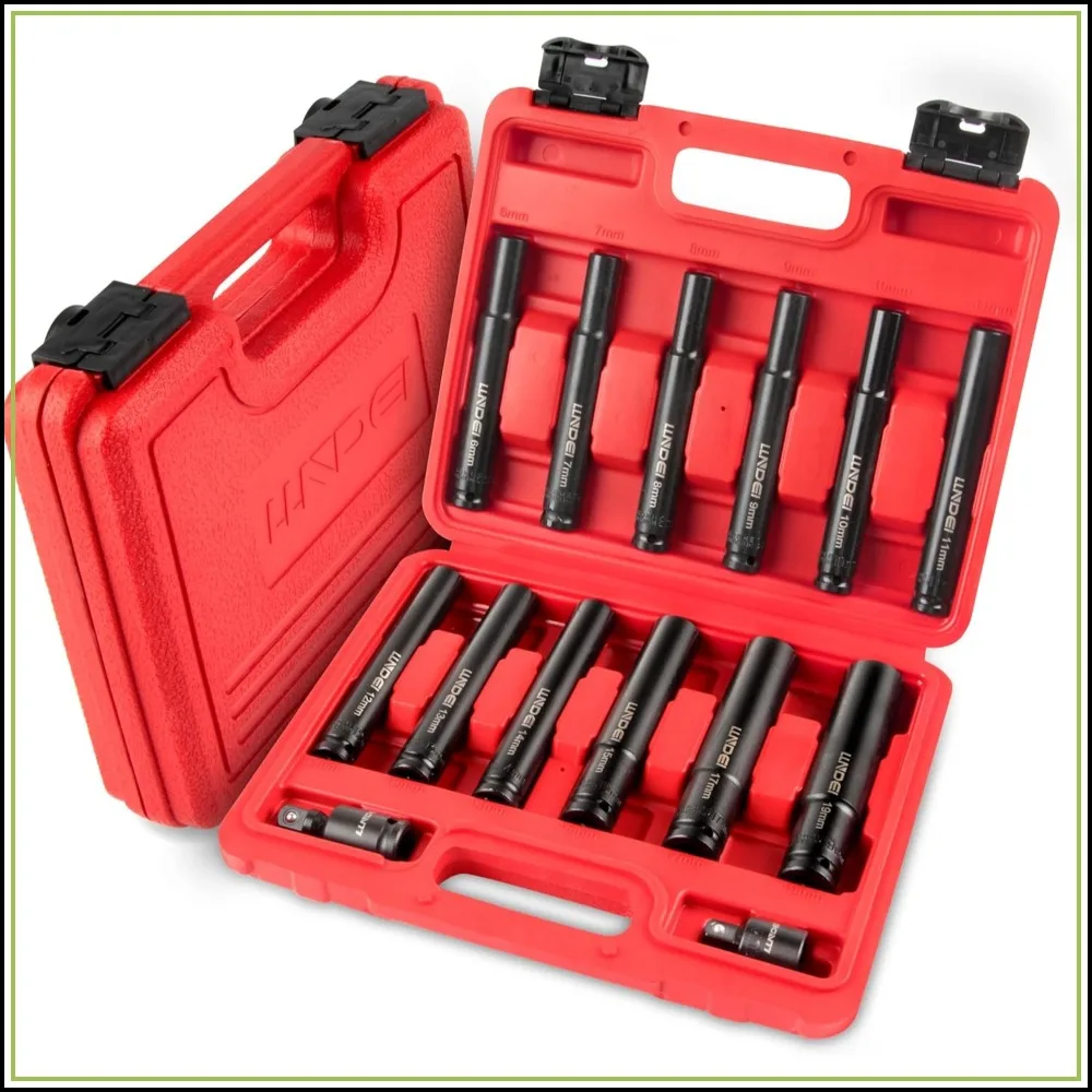 14PCS 3/8" Drive Impact Deep Well Socket Set Metric, Extra Long Reach 6-19mm, 6-Point Weighted Deep Impact Sockets for Auto Engine & Motorcycle Repair, Cr-V Steel with Black Oxide Coating
14PCS 3/8" Drive Impact Deep Well Socket Set Metric, Extra Long Reach 6-19mm, 6-Point Weighted Deep Impact Sockets for Auto Engine & Motorcycle Repair, Cr-V Steel with Black Oxide Coating