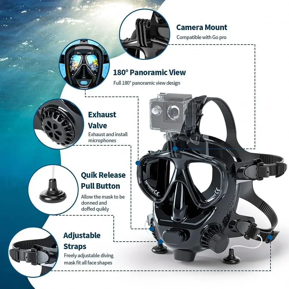 Full Face Diving Mask with Camera Mount, Full Face Snorkel Mask for Adults Compatible with Above 1L Scuba Diving Tank
Full Face Diving Mask with Camera Mount, Full Face Snorkel Mask for Adults Compatible with Above 1L Scuba Diving Tank