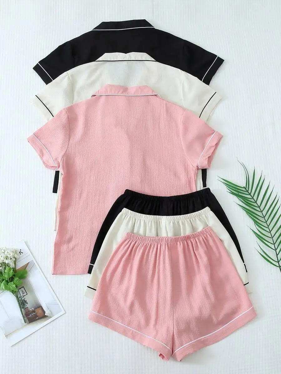 Women 3pcs Pajama Set Short Sleeve Collar Top And Elastic Waist Shorts Summer Loungewear
Women 3pcs Pajama Set Short Sleeve Collar Top And Elastic Waist Shorts Summer Loungewear