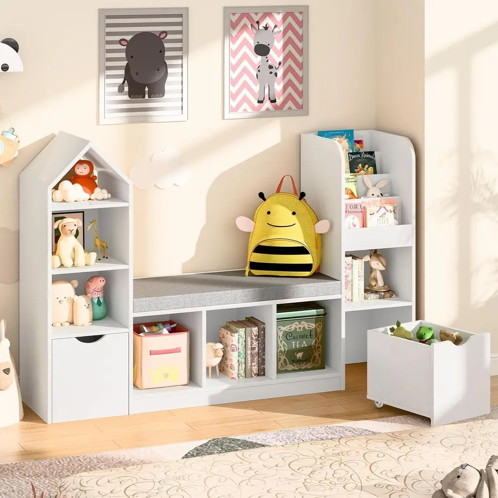 White Kids Bookshelf with Reading Nook, Toy Storage Organizer, 7 Storage Cubbies, and 2 Movable Desks for Playroom or Bedroom
White Kids Bookshelf with Reading Nook, Toy Storage Organizer, 7 Storage Cubbies, and 2 Movable Desks for Playroom or Bedroom