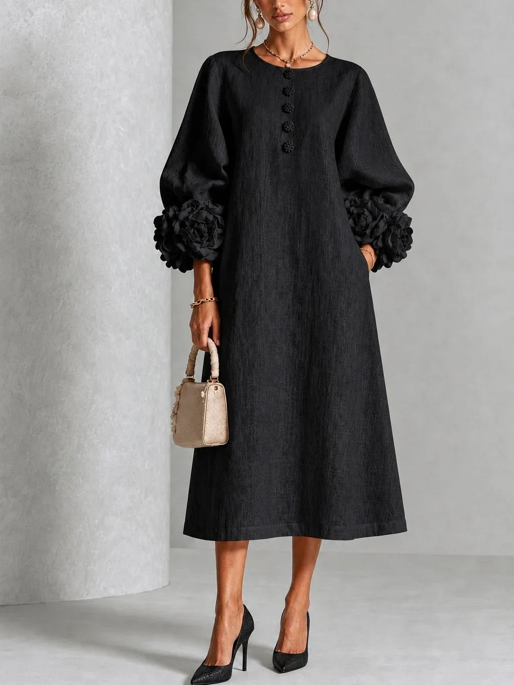Elegant Women Linen Midi Dress O Neck 3D Floral Lantern Sleeve Button Loose Straight Long Dress Modest Casual Party Dresses 67 S3f5930870e52491c9dbdc1fb4b00d299q