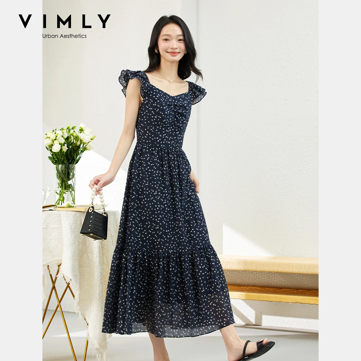 VIMLY Long Polka Dot Suspender Dress French Flying Sleeve V-neck Elegant Vacation Floral Navy Blue Dresse Ladies Clothing A1869
VIMLY Long Polka Dot Suspender Dress French Flying Sleeve V-neck Elegant Vacation Floral Navy Blue Dresse Ladies Clothing A1869