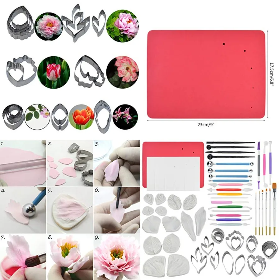 62pcs Gumpaste Flowers and Leaves Fondant Tool Leaf Tool Kit Gum Paste Flower Cutter Set Stainless Steel Flower Cutter Silicone
62pcs Gumpaste Flowers and Leaves Fondant Tool Leaf Tool Kit Gum Paste Flower Cutter Set Stainless Steel Flower Cutter Silicone
