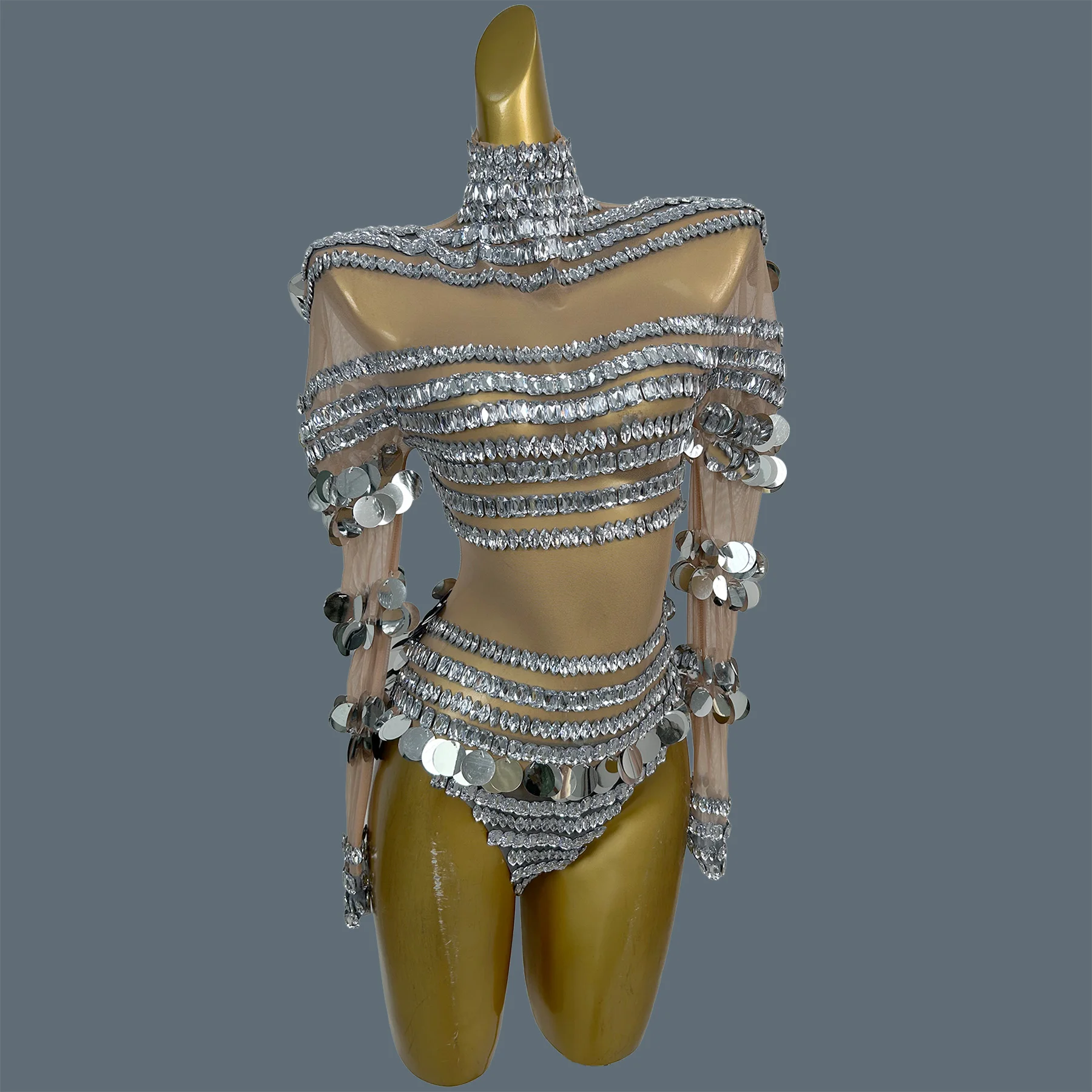 See Through Mesh Long Sleeve Tight Fitting Bodysuit Silver Rhinestone Sparkly Sequin Nightclub Party Stage Dance Costume Jiamian
See Through Mesh Long Sleeve Tight Fitting Bodysuit Silver Rhinestone Sparkly Sequin Nightclub Party Stage Dance Costume Jiamian