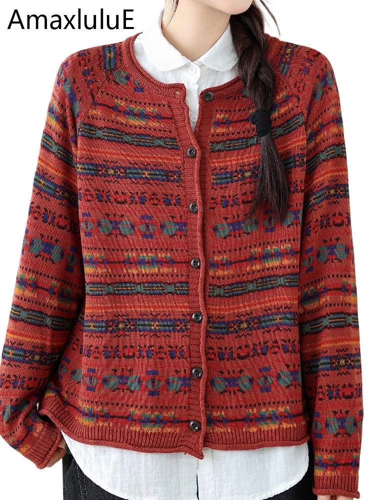 Amax LuluE Богемия, зимняя мода, трикотаж, женские классические свободные теплые кардиганы с принтом, женские свитера для отдыха, большой размер с круглым вырезом 
Amax LuluE Богемия, зимняя мода, трикотаж, женские классические свободные теплые кардиганы с принтом, женские свитера для отдыха, большой размер с круглым вырезом