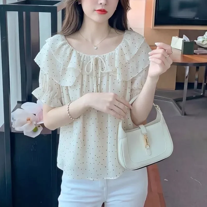 Women Clothing Summer Casual Korean Fashion Polka Dot Ruffles Chiffon O-neck Female Temperament Appear Thin Short Sleeve Top Tee
Women Clothing Summer Casual Korean Fashion Polka Dot Ruffles Chiffon O-neck Female Temperament Appear Thin Short Sleeve Top Tee