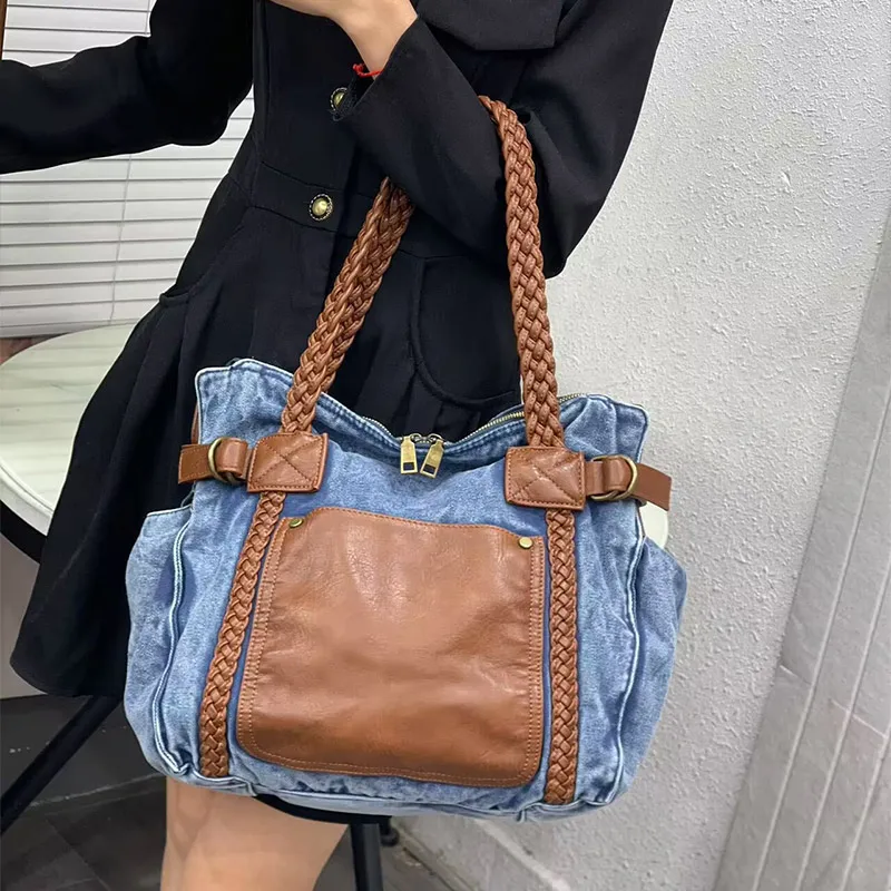 Washed Denim Shoulder Bag,Women Large Capacity Vintage Tote Bag,Effortless Chic Casual All-Match Contrast Color Splicing Handbag 
Washed Denim Shoulder Bag,Women Large Capacity Vintage Tote Bag,Effortless Chic Casual All-Match Contrast Color Splicing Handbag