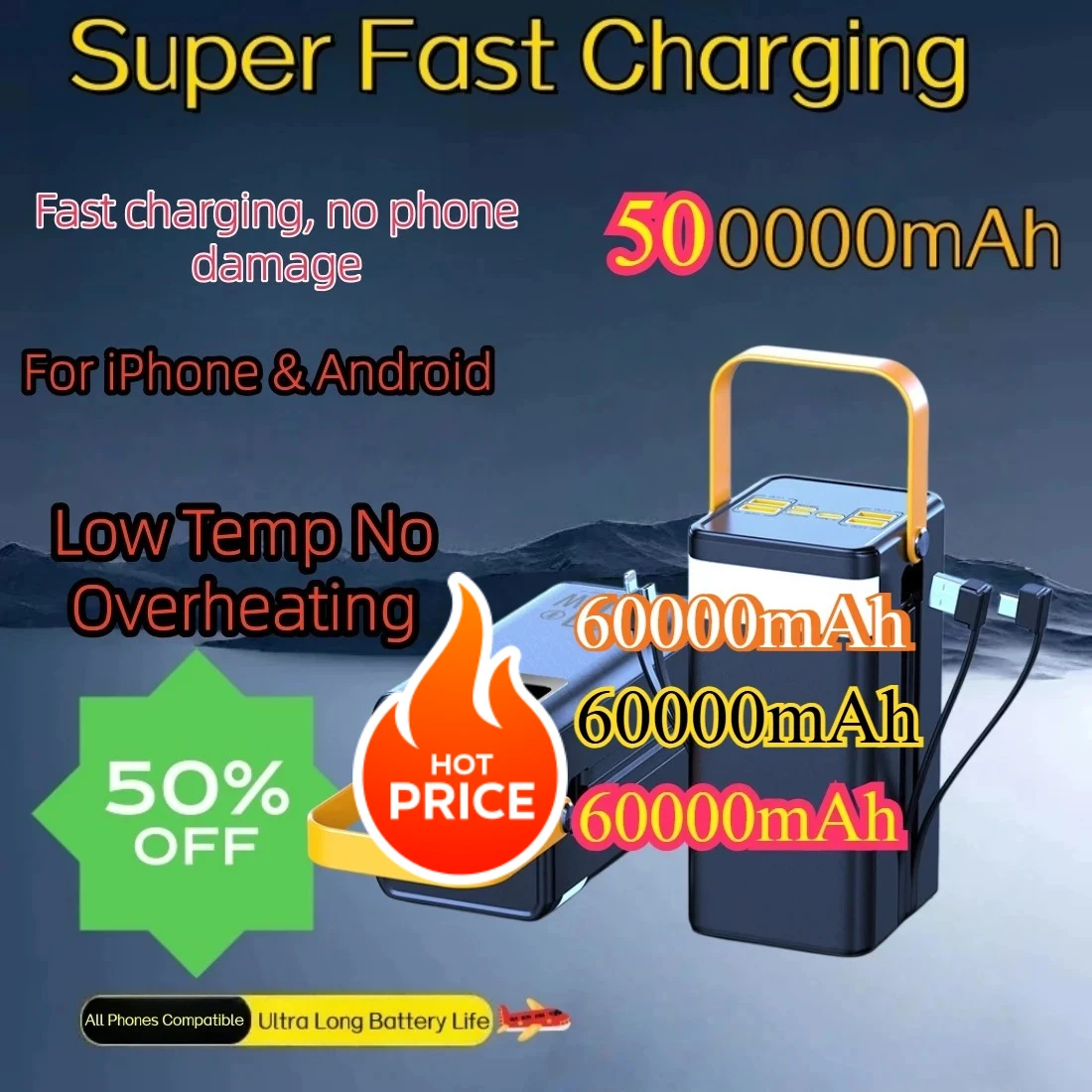500000mAh Power Bank 60000mAh Charger Large Capacity External Battery Light Outdoor Camping Live Broadcast Mobile Power Supply
500000mAh Power Bank 60000mAh Charger Large Capacity External Battery Light Outdoor Camping Live Broadcast Mobile Power Supply