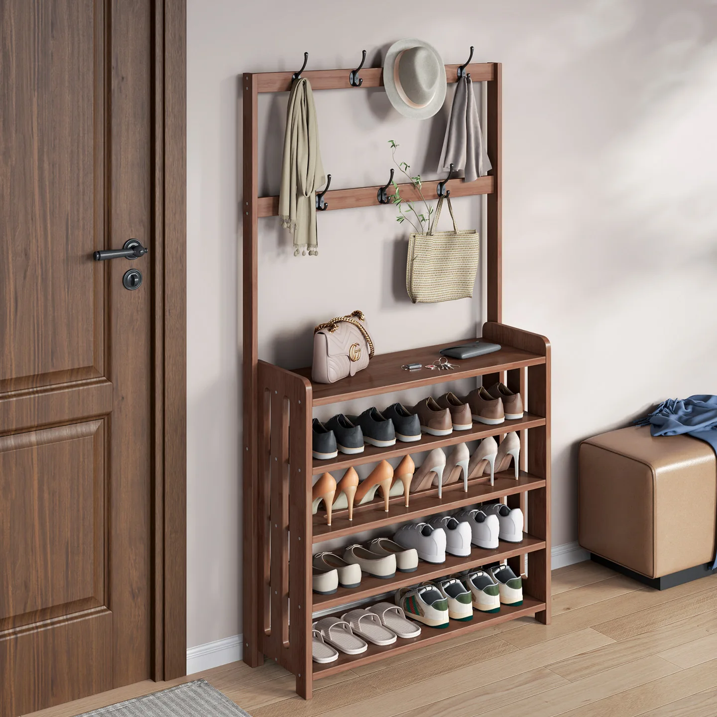 Solid wood shoe rack, coat rack integrated household entrance entrance, multi-layer shoe cabinet, clothes rack, storage rack 
Solid wood shoe rack, coat rack integrated household entrance entrance, multi-layer shoe cabinet, clothes rack, storage rack