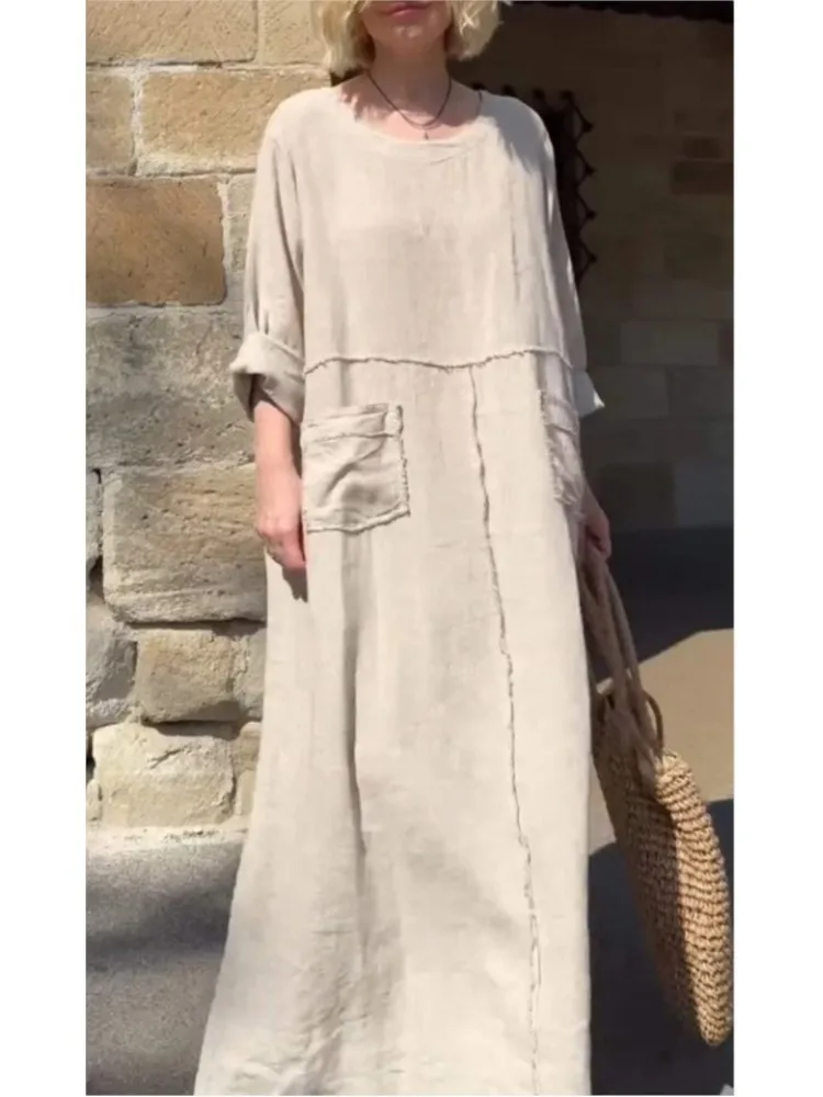 Loose Long-sleeved Dress 2024 Autumn Solid Color Round Neck Cotton Linen Casual Pleated Double Side Pocket Dress Maxi Dress Robe
Loose Long-sleeved Dress 2024 Autumn Solid Color Round Neck Cotton Linen Casual Pleated Double Side Pocket Dress Maxi Dress Robe