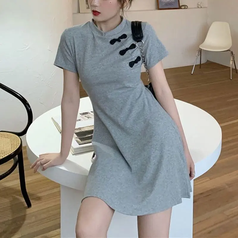 Chinese Disc Buckle Aura Mini Dress Female Clothing Vintage Stand Collar Summer Elegant A-Line Waist Basic Solid Color Dresses
Chinese Disc Buckle Aura Mini Dress Female Clothing Vintage Stand Collar Summer Elegant A-Line Waist Basic Solid Color Dresses