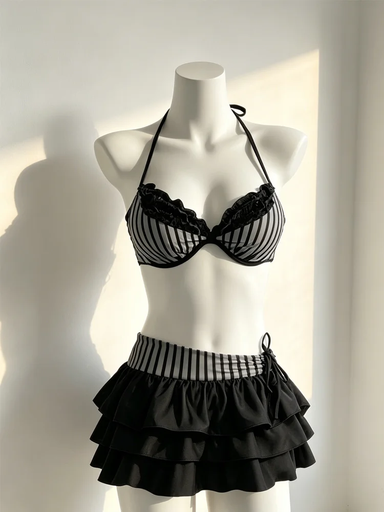 Summer black and white striped bikini camisole lace trimmed top with ruffled skirt, beach sexy cute swimsuit
Summer black and white striped bikini camisole lace trimmed top with ruffled skirt, beach sexy cute swimsuit