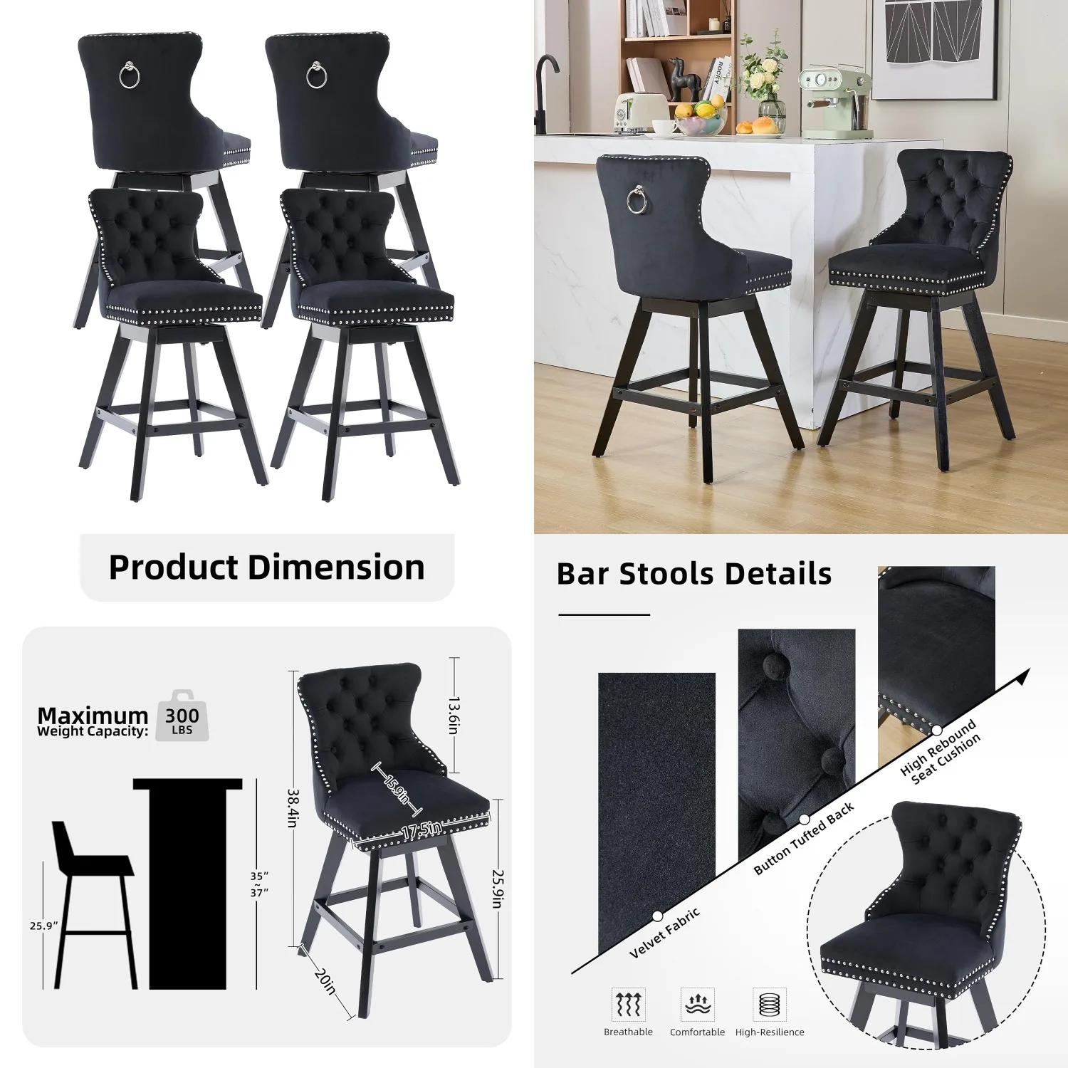 Black Velvet Swivel Counter Height Bar Stools Set 4 Tufted Back Rivet Trim Wood Legs 26" Kitchen Customized
Black Velvet Swivel Counter Height Bar Stools Set 4 Tufted Back Rivet Trim Wood Legs 26" Kitchen Customized