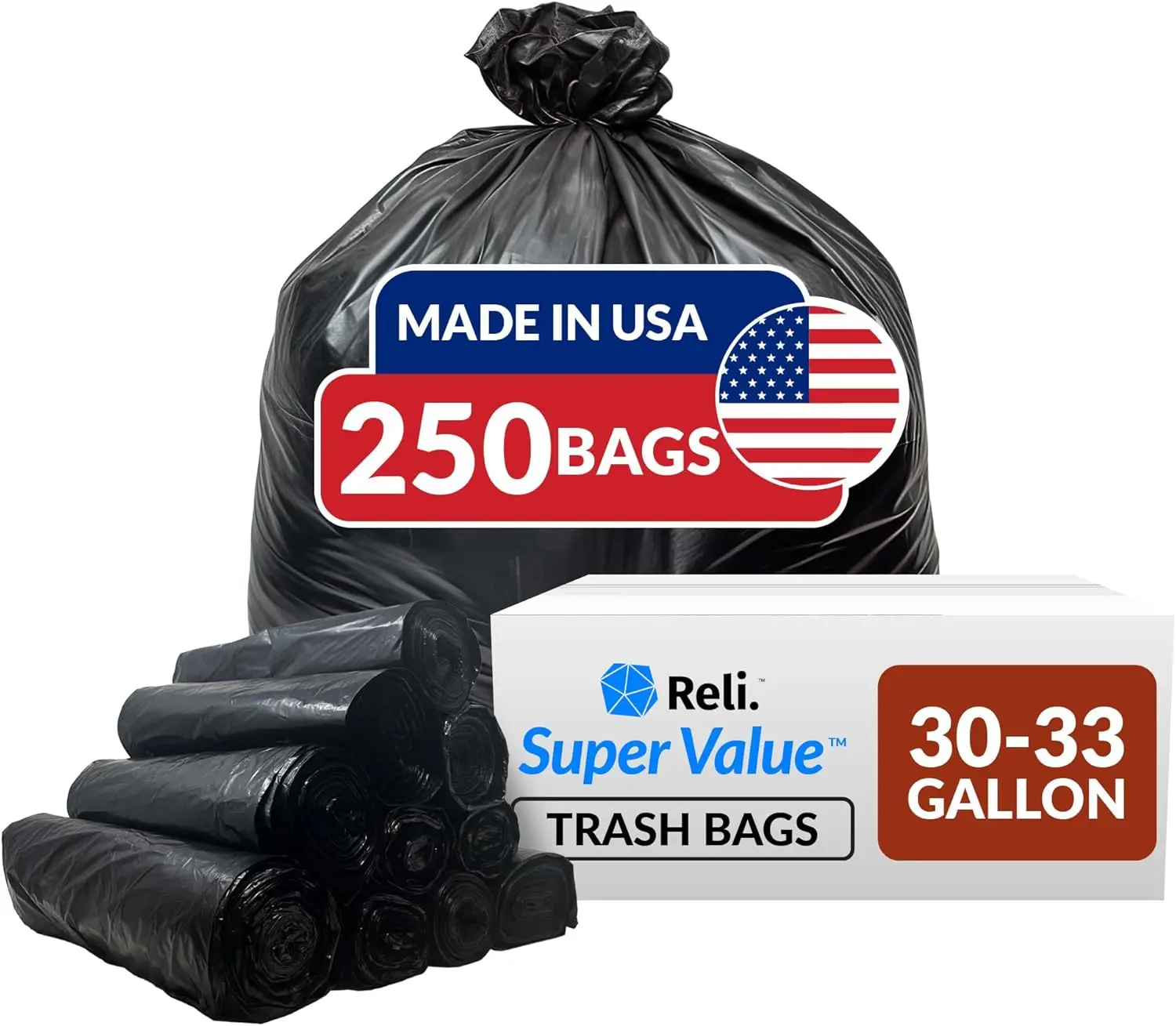 Heavy Duty 30-33 Gallon Trash Bags, 250 Count Bulk, Black Large Garbage Bags Made in USA
Heavy Duty 30-33 Gallon Trash Bags, 250 Count Bulk, Black Large Garbage Bags Made in USA