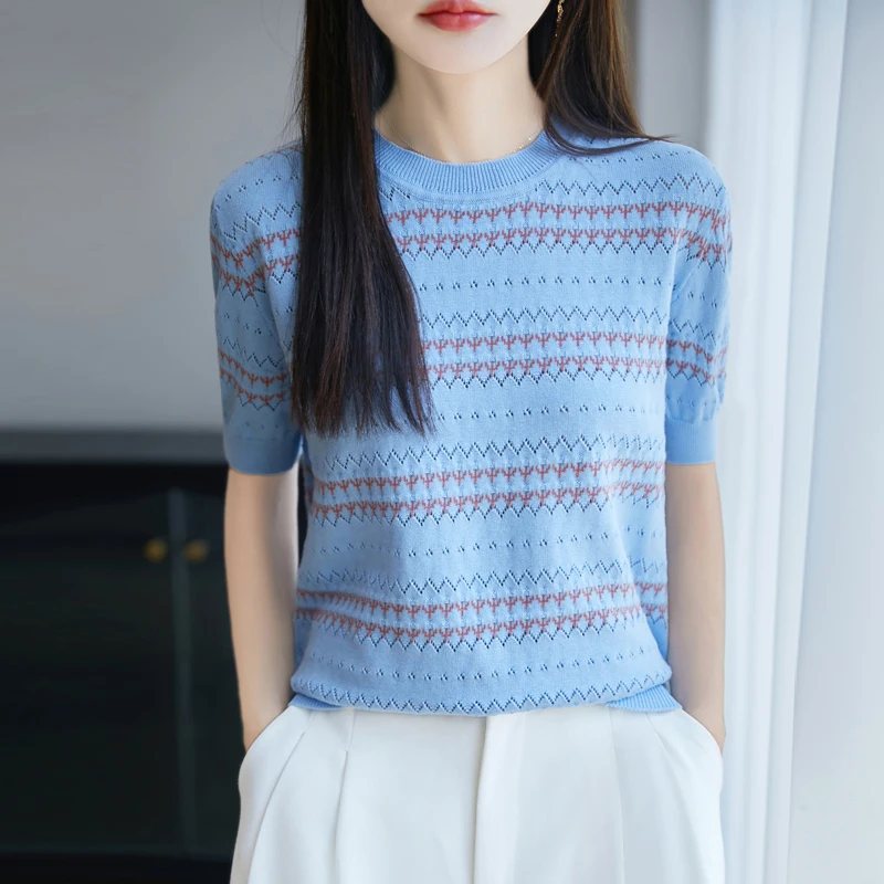 Летняя женская футболка из 100% хлопка, повседневная, в полоску, трикотажная, с коротким рукавом, свободного кроя, с круглым вырезом, топ-жилет
Летняя женская футболка из 100% хлопка, повседневная, в полоску, трикотажная, с коротким рукавом, свободного кроя, с круглым вырезом, топ-жилет