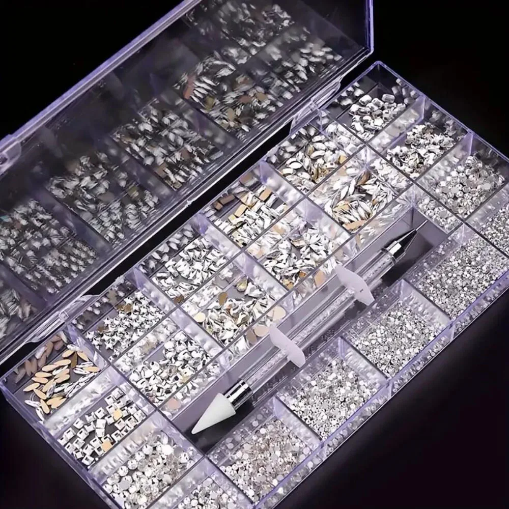 2500pcs Glass Crystal Diamond Nail Art Rhinestones 21 Grid Box Luxury Jewelry Gems Nail Charm Accessories Set With 1 Pick Up Pen
2500pcs Glass Crystal Diamond Nail Art Rhinestones 21 Grid Box Luxury Jewelry Gems Nail Charm Accessories Set With 1 Pick Up Pen