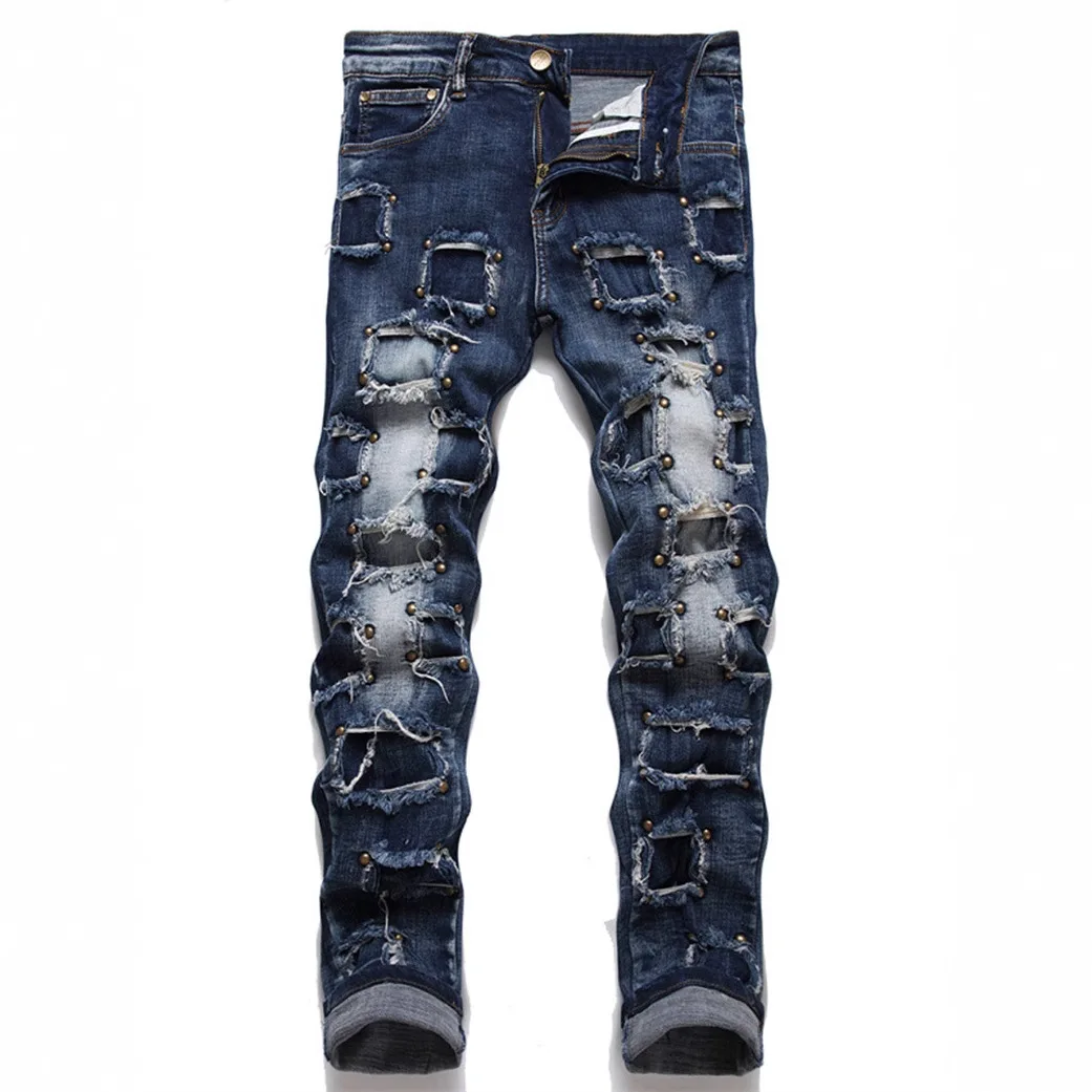 2025 Men's style, beaded, ripped, beggar style, fashionable street personality, small straight jeans
2025 Men's style, beaded, ripped, beggar style, fashionable street personality, small straight jeans