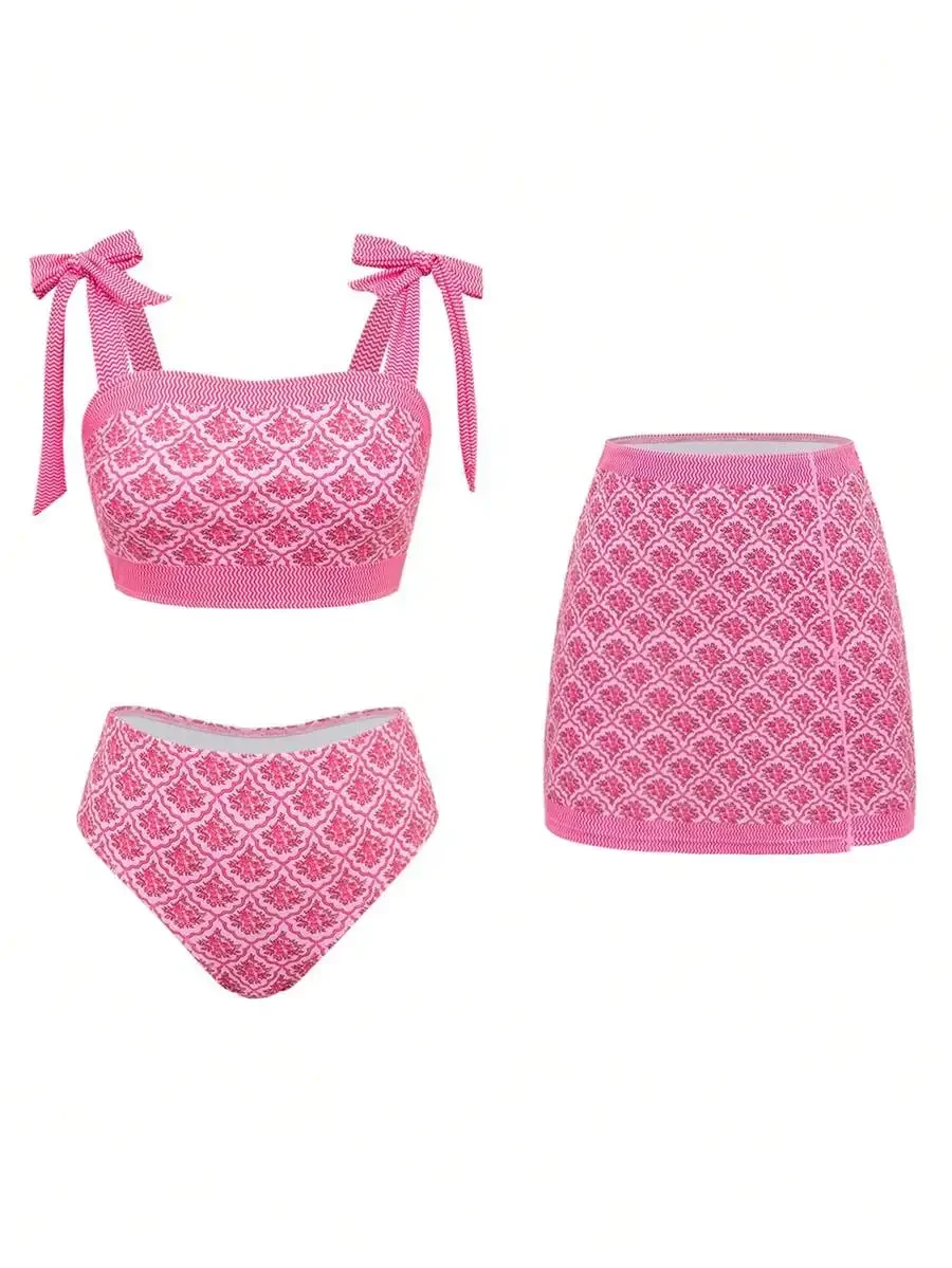 Womens 3 Piece Floral Print Swim Set With Bow Straps And Skirt
Womens 3 Piece Floral Print Swim Set With Bow Straps And Skirt