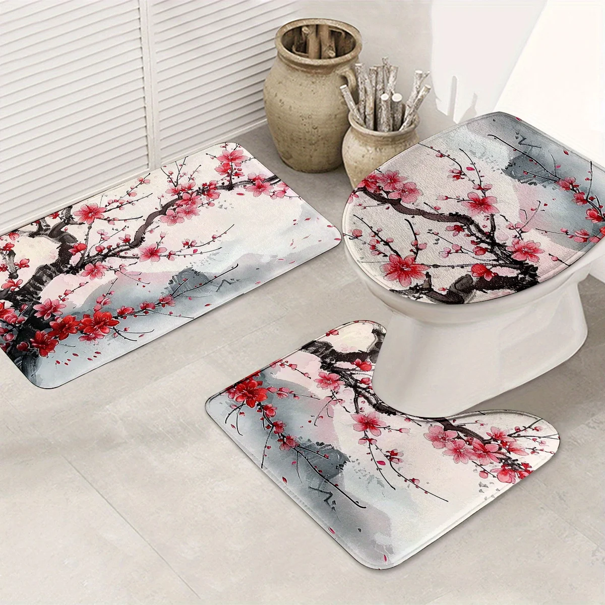 Набор для ванной комнаты Sakura из 3 предметов — можно стирать в машине, нескользящий коврик, U-образный коврик, коврик для унитаза, подходит для украшения ванной комнаты
Набор для ванной комнаты Sakura из 3 предметов — можно стирать в машине, нескользящий коврик, U-образный коврик, коврик для унитаза, подходит для украшения ванной комнаты