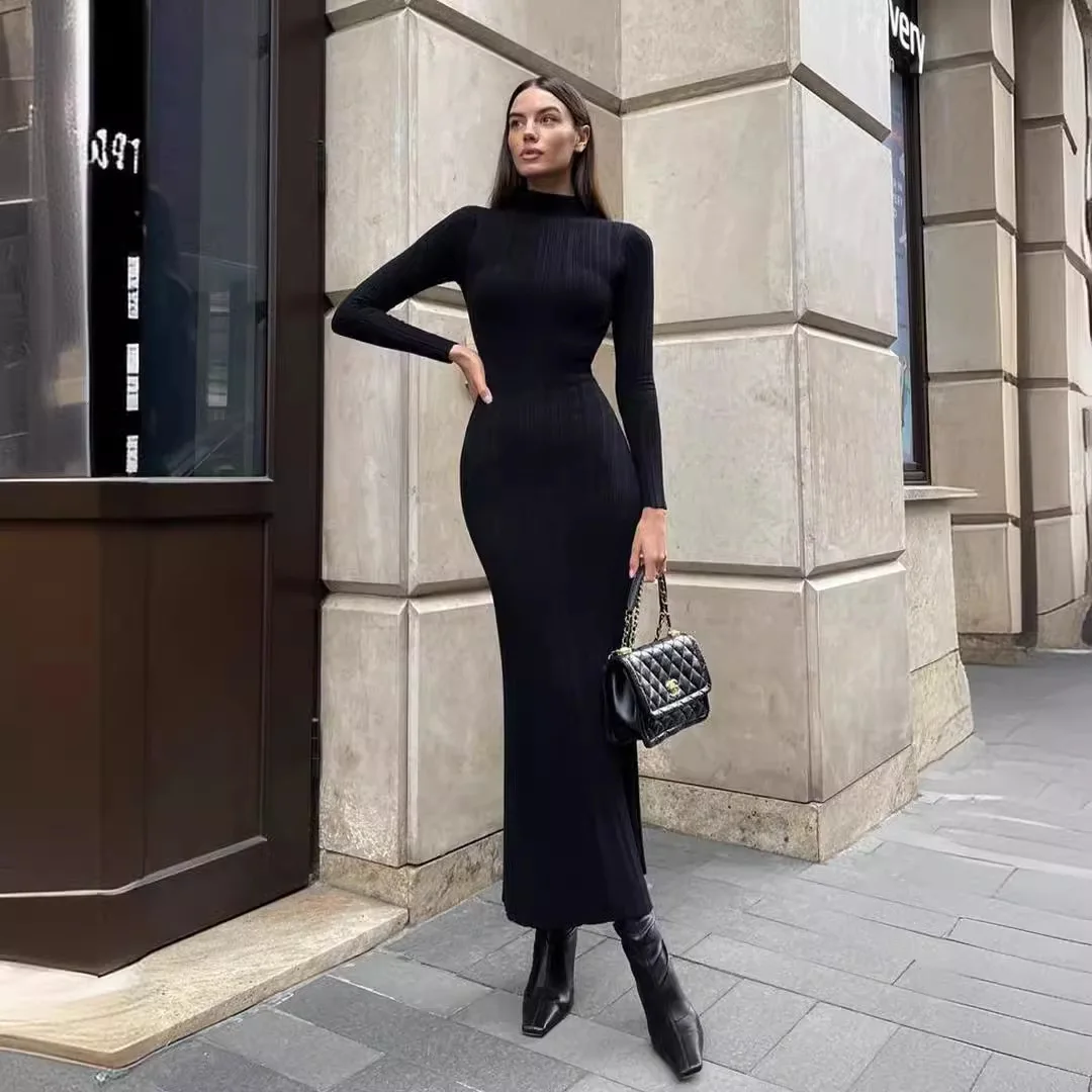 Elegant Tight Knitted Dress Black Long Sleeve High Neck Maxi Dress For Women Fall Street Wear
Elegant Tight Knitted Dress Black Long Sleeve High Neck Maxi Dress For Women Fall Street Wear